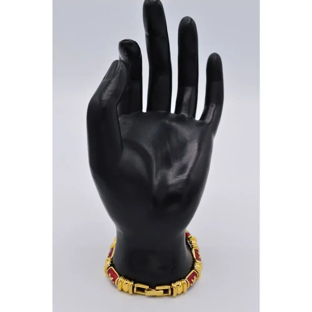 Joan Rivers Vintage Chain Bracelet Red Gold Enamel Tennis Signed 1990s Bin2